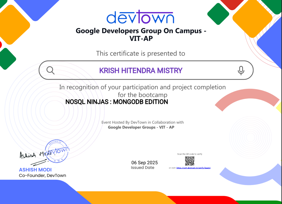 Devtown NoSQL Ninjas MongoDB Edition — Participation & Project Completion (GDG on Campus VIT-AP)