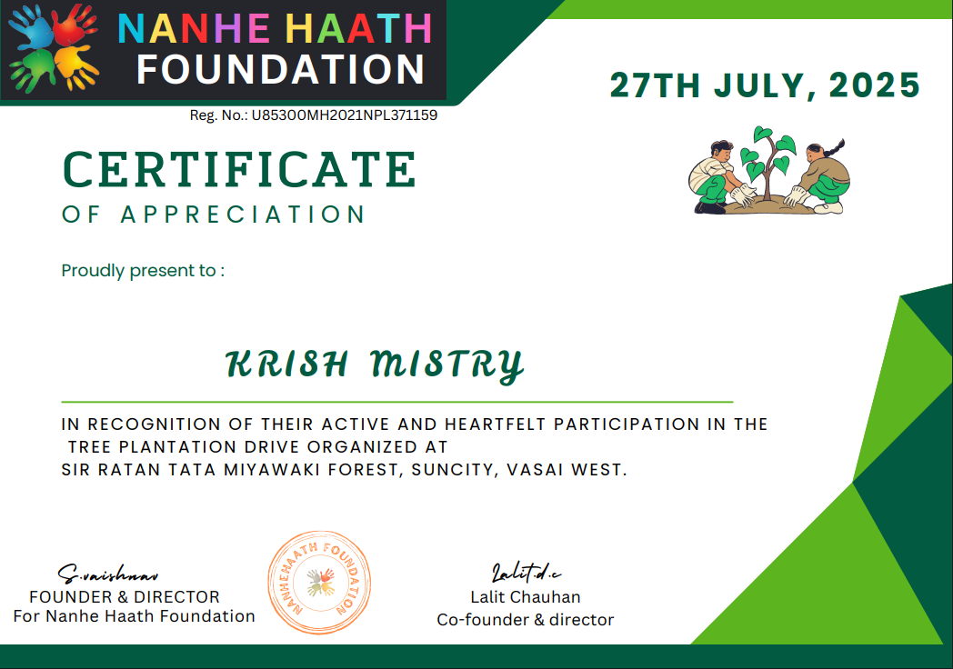 Nanhe Haat Foundation — Certificate of Appreciation (Tree Plantation Drive)